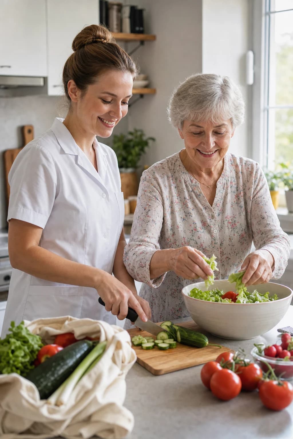 Betreuungskraft und betreute Person bereiten gemeinsam eine Mahlzeit zu